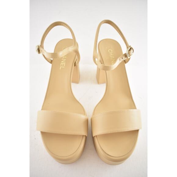 Chanel 24C Beige Nude Lambskin Leather Platform Ankle Strap Block Heel Sandal 42 - Picture 5 of 15